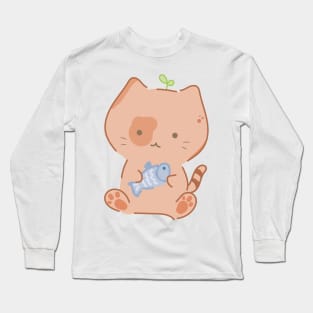 Cute Cat holding a fish Long Sleeve T-Shirt